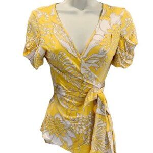 Anthropologie Yellow & White Floral Wrap Blouse - SMALL